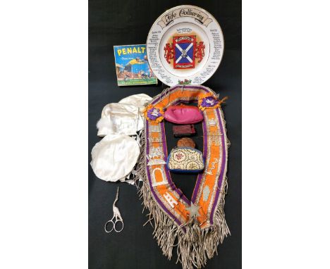 VARIOUS COLLECTIBLESincluding vintage Penalty card game, Masonic sash with with metal accessories, leather match box case emb
