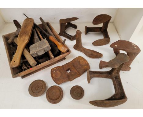 ASSORTMENT OF OLD TOOLS AND COBBLERS IRON SHOE LASTSincluding large brush stamped D Black & Co, Chisel stamped J Black, in ol