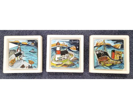 ROB WALKER (CONTEMPORARY SCOTTTISH )Untitled, three oil on boards, coastal themed, signed, mounted in white frames, 29 x 29cm