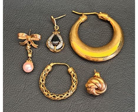 FIVE SINGLE NINE CARAT GOLD EARRINGScomprising a sapphire and diamond drop earring, the pear cut sapphire in illusion set dia