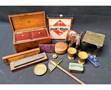 ASSORTMENT OF COLLECTIBLESincluding Victorian tea caddy with crossbanding,  brass and iron trivet with dragon detail to top, 
