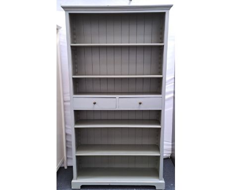CONTEMPORARY OPEN BOOK CASE painted in grey, with two drawers and with panelling details to back, 109 x 200 x 30cm