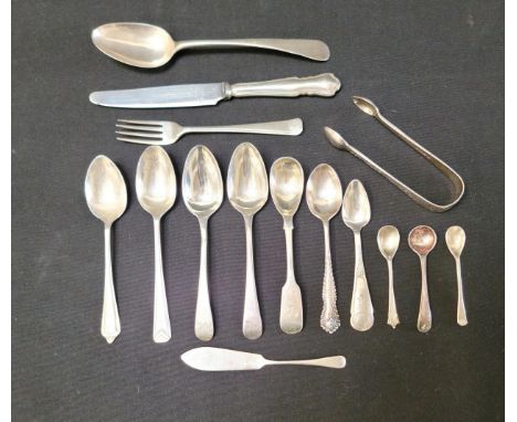 SELECTION OF BRITISH SILVERWARE comprising a pair of monogram handled teaspoons, London 1803, maker 'WE WF'; one teaspoon, Bi