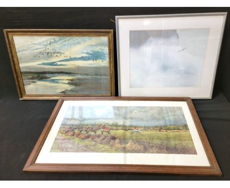 THREE PRINTScomprising after R A Stewart 'Hunting scene' framed glazed, 43 x 74cm; after Bill Wright, 'High Spray', framed an