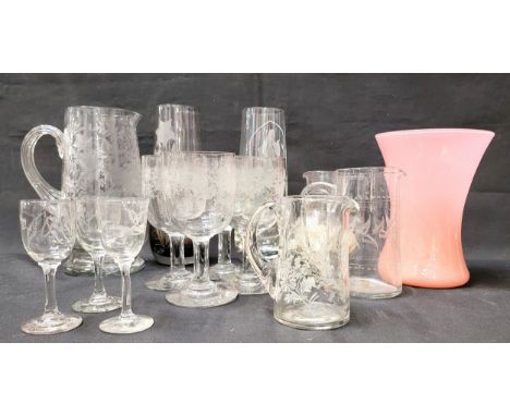 SELECTION OF GLASS WAREincluding pink opaque vase, Caithness vases, etched glassware including wine glasses and jugs, etc.