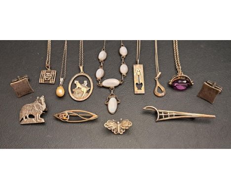 SELECTION OF SILVER JEWELLERYcomprising four silver pendants on chains, two Charles Rennie Mackintosh style brooches, a pair 