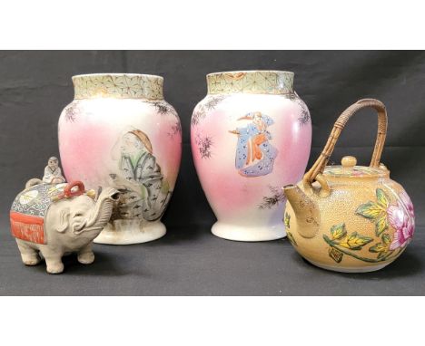 PAIR OF CHINESE VASESwith figures of men and bamboo detail around rim, red characters to base, each 22cm high; Japanese Banko