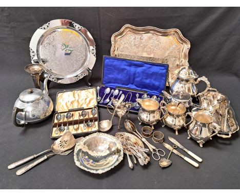 LARGE QUANTITY OF SILVERPLATE AND WHITE METAL ITEMSincluding four piece tea set, three trays, various spoon sets in cases, pi