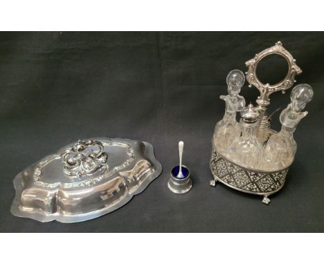 VICTORIAN SILVER PLATED CRUET SET the oval gallery with pierced work, containing cutglass bottles and stoppers, the plated ha