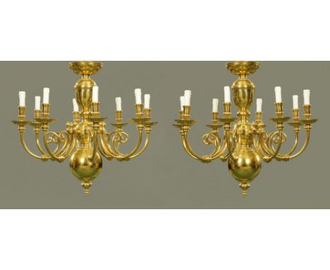 A pair of heavy brass chandelier type light fittings, eight branch.  Height excluding hanging chain 75 cm, diameter +/- 76 cm