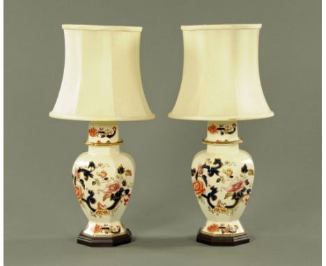 A pair of Masons Ironstone Mandalay patterned table lamps, each with cream shade.  Overall height 55 cm. CONDITION REPORT: Bo