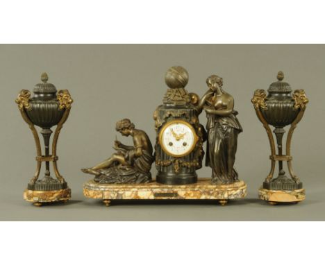A 19th century French clock garniture "La Science", with two train striking movement.  Clock height 40 cm, length 46 cm. COND