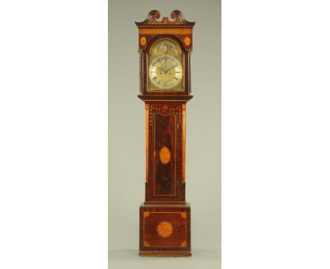 A George III inlaid mahogany longcase clock, with swans neck pediment above the arched glazed door enclosing the two train st