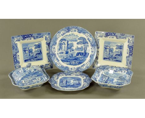 Two Spode Italian design 1816 square plates, 26.5 cm, a large platter, stand, 2 shaped bowls and a lid.