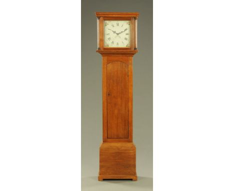 An oak longcase clock, with painted dial, height 191 cm, the unmarked dial with date aperture, the case raised on bracket fee