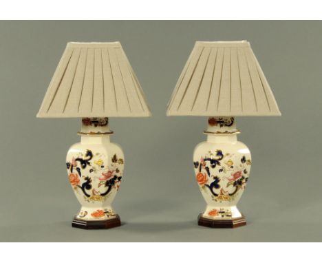 A pair of Masons Ironstone Mandalay patterned table lamps, each with pleated shade.  Overall height 50 cm (see illustration).