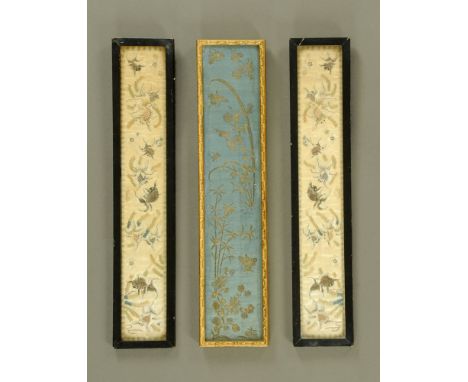 Three Chinese silkwork decorative panels, each +/- 50 cm x 10 cm. CONDITION REPORT: These panels are all showing signs of age