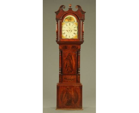 A 19th century figured mahogany longcase clock by Telford of Wigton, the 32 cm wide painted dial with Roman numerals, calenda