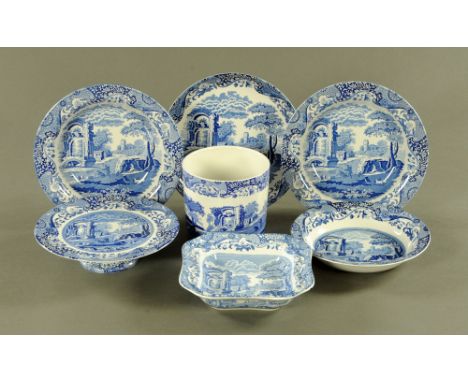 A Spode Italian design footed cake stand, four large shallow bowls, a square form bowl and a cylindrical planter.