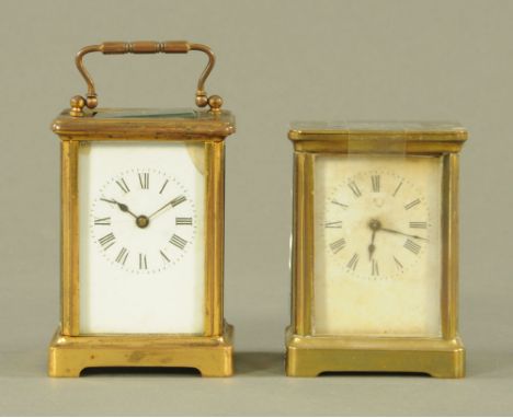 An antique brass carriage clock, timepiece only and another.