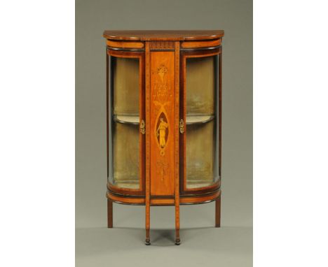 An Edwardian inlaid mahogany display cabinet, with centre figural foliate and scroll panel flanked by a glazed door and with 