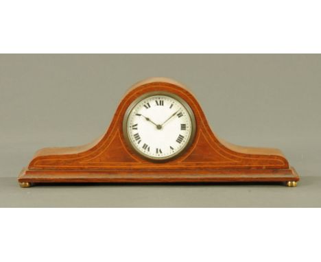 An Edwardian inlaid oak mantle clock, with single train movement, the case raised on brass ball feet.  Height 24.5 cm, length