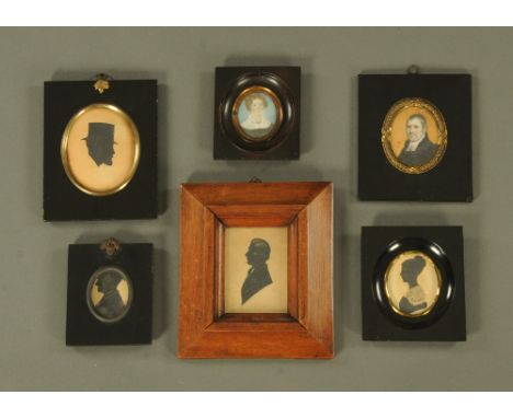 A collection of six silhouettes and portrait miniatures and one frame.