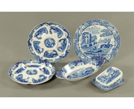 Two Spode Italian design hors d'oeuvres  dishes, diameter 19.5 cm, together with a large platter, oval bowl and butter dish.
