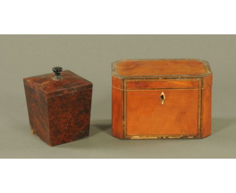 A George III rectangular tea caddy, with canted corners inlaid with checkered bandings.  Height 13 cm, together with a 19th c