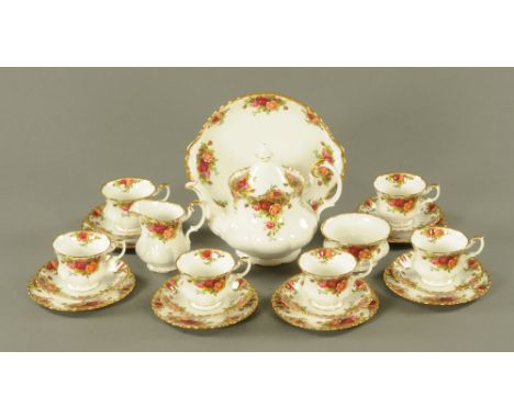 A Royal Albert Old Country Roses patterned tea service, 6 cups, saucers, plates, sandwich plate, teapot, sugar basin and crea