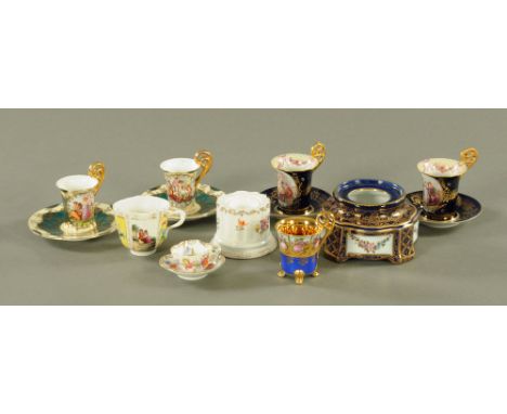 Two pairs of continental porcelain cabinet cups and saucers, dark blue Vienna, green Austrian together with a hand painted mi