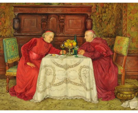 Ruth Klausner (1920-2000) oil on ply panel "Cardinals Dining".  34 cm x 44 cm in pierced gilt frame, signed (see illustration