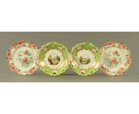 A pair of Rockingham style comports, each decorated with buildings in landscapes and heightened with gilding, together with a
