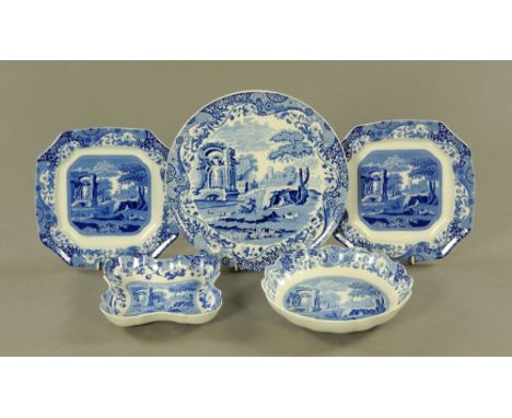 Two Spode 1816 design octagonal plates, two shaped dishes and a large platter.  Diameter 31.5 cm.