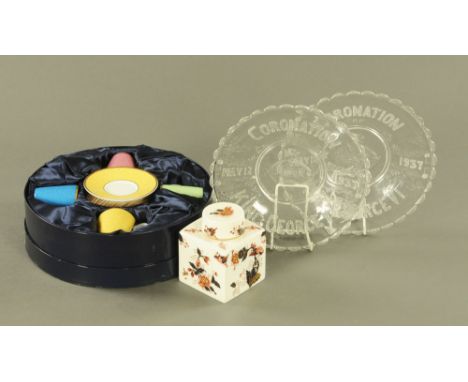 A Royal Worcester coffee set to commemorate His Royal Highness 80th birthday 2006, together with a pair of George VI pressed 