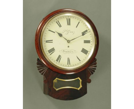 A Regency mahogany drop dial wall clock, by James Ganz Swansea, with single train fusee movement.  Case diameter 37 cm, overa