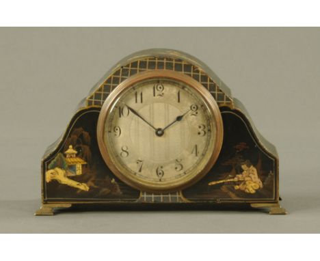 A Buren chinoiserie mantle clock, with silvered dial and single train movement.  Width 19.5 cm.