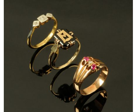 An 18 ct gold diamond set ring, Art Deco style Size N, 2.4 grams, together with an un-hallmarked rose gold coloured metal rin