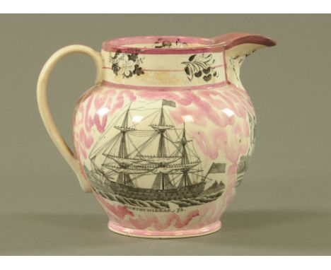 A Sunderland lustre ware "Mariners Arms" jug, with ship portrait "Northumberland 74" and verse.  Height 18 cm.