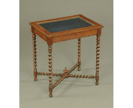 A late 19th/early 20th century marquetry and rosewood bijouterie table, raised on spiral twist turned legs and stretchers.  H