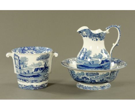 A Spode 1816 design blue and white jug and basin, together with an ice pail.  Tallest 31 cm.