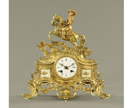 A continental spelter mantle clock, equestrian, the dial marked Henry Marc Paris, later quartz movement.  Height 33 cm.