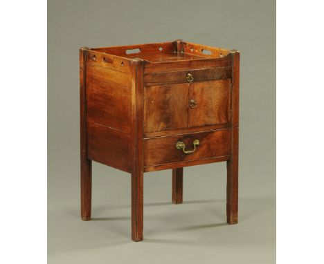 A Georgian mahogany tray top commode, converted to a bedside cabinet with cupboard and drawer.  Height 80 cm, width 55 cm, de