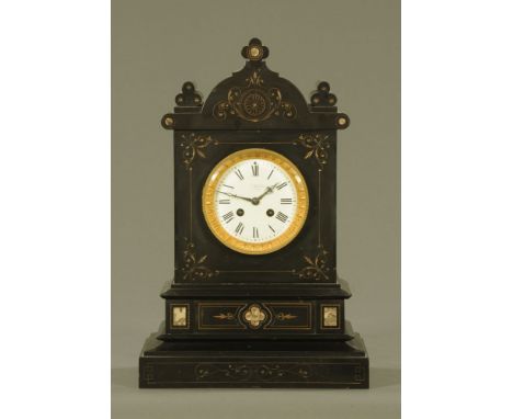 A late Victorian black slate and marble mantle clock, by Bennett Cheapside, London, with two train striking movement.  Height