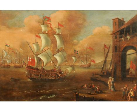 An 18th century oil painting on wooden panel, depicting a gunboat in port.  75 cm x 111 cm (see illustration). CONDITION REPO