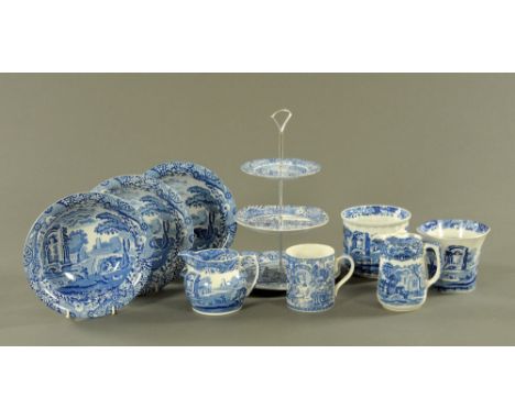 A Copeland Spode three tier cake stand, (NOTE:  The middle tier is a different pattern), together with three 24 cm bowls, mil