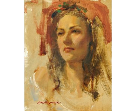 Oil on board portrait female face.  35 cm x 28 cm, framed, indistinctly signed.