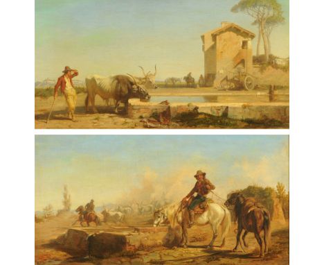 G Mason, a pair of oil paintings on canvas, Roman water trough with oxen and companion, one signed G Mason Rome 1853.  Each 2