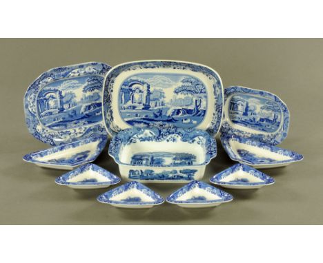 A Spode Imperial cookware blue Italian rectangular serving dish, pie dish, shaped plate, small serving dish and six shaped di