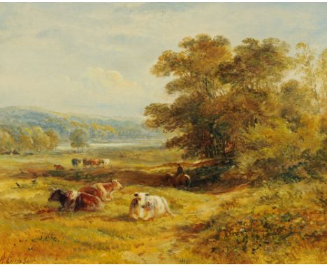 Henry Earp Senior, oil on board, lake scene with cattle and figure on horseback.  19 cm x 24 cm, framed, signed. CONDITION RE
